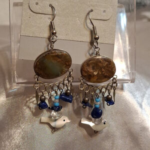 Green Chalcedony stone earrings with Lapis, MOP birds Natural Stond